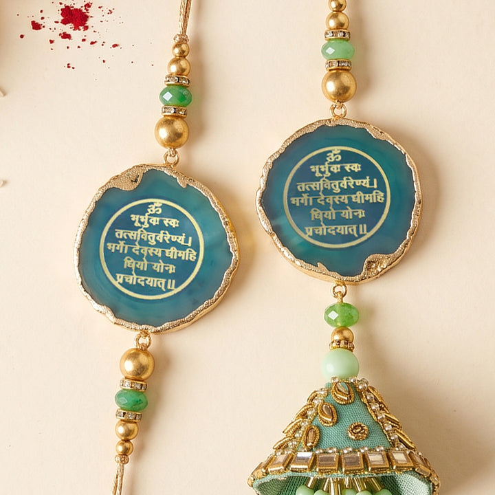 Handmade "Gayatri Mantra" Green Premium Agate Bhaiya Bhabhi Couple Rakhi & Lumba Set With Roli Chawal, Nariyal And Gift Box | Set of 2