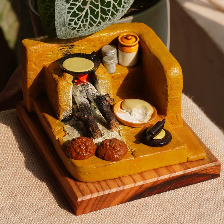 "Chule Ki Roti" Handcrafted Polymer Clay Miniature Artwork With Wooden Base For Golu & Table Decor