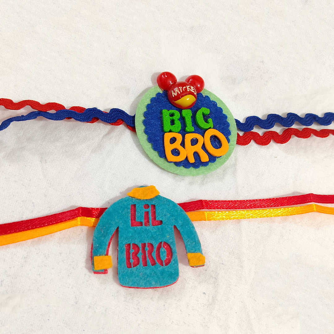 Handmade "Big Bro" Mickey Blue & "Lil Bro" Felt Kids Rakhi Combo With Roli Chawal For Brothers | Set Of 2