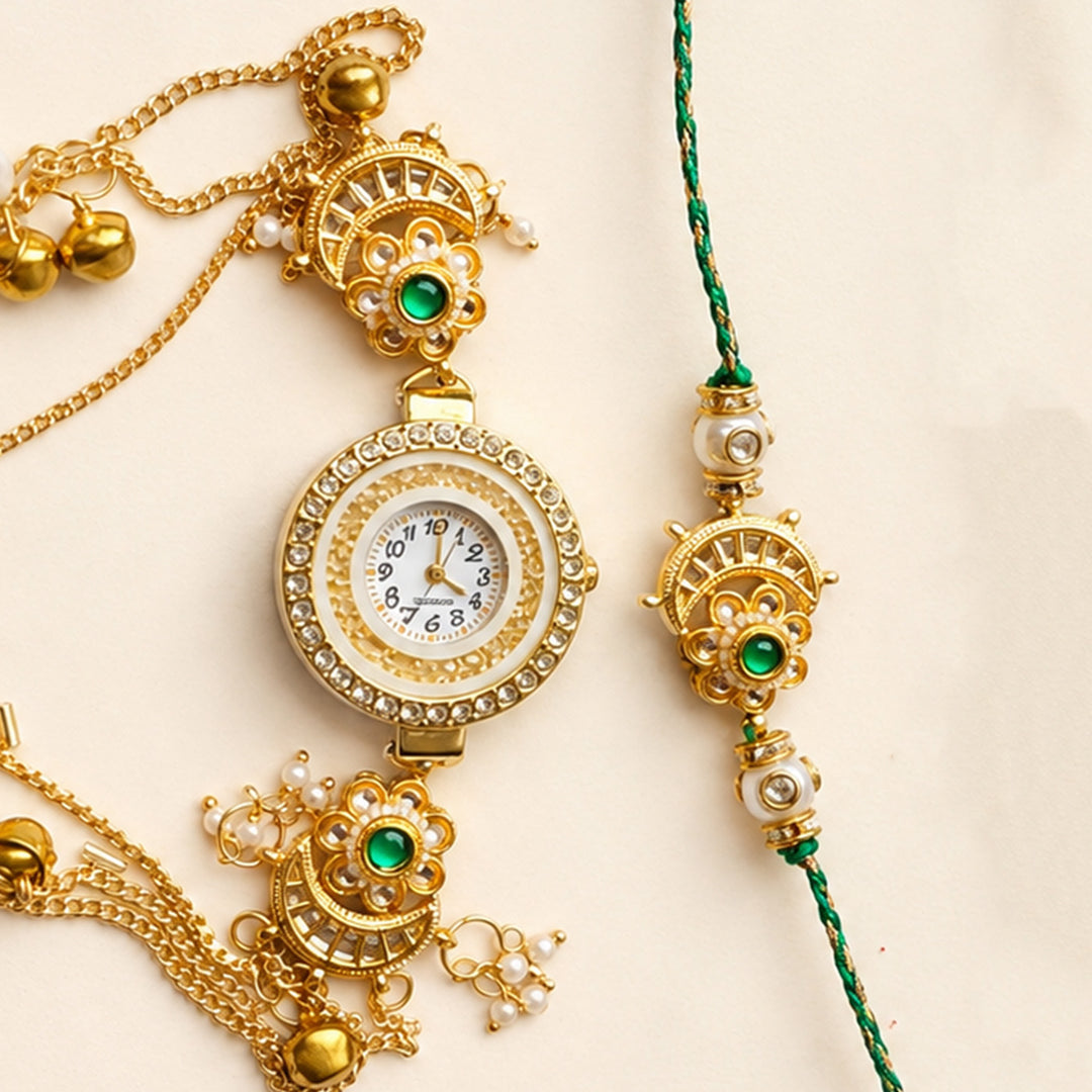 Reusable Handmade Watch Charm Kundan Pearl Rakhi Lumba Set With Roli Chawal For Bhaiya Bhabhi
