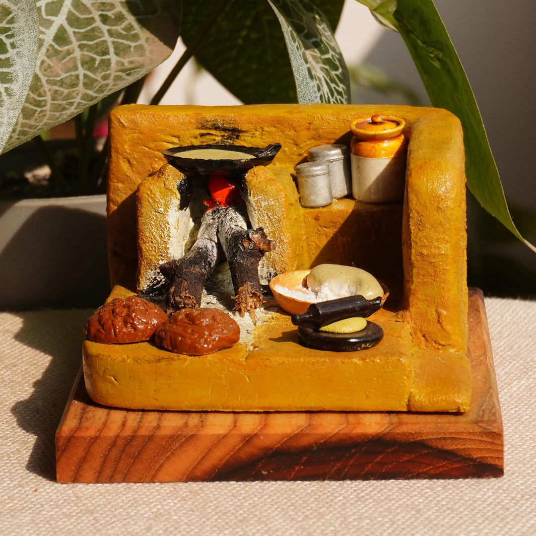 "Chule Ki Roti" Handcrafted Polymer Clay Miniature Artwork With Wooden Base For Golu & Table Decor
