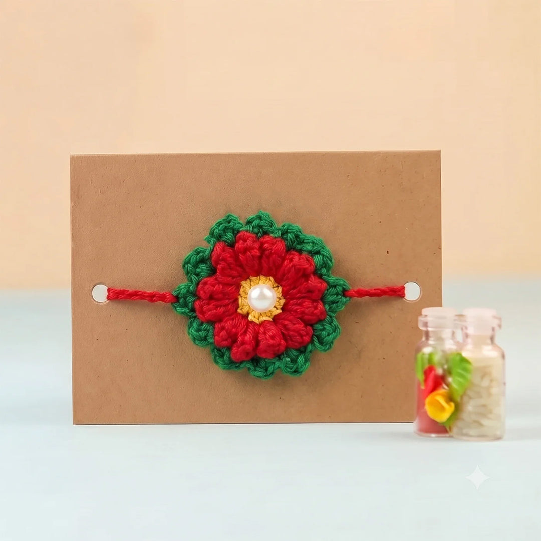 Handmade Crochet Blossom Pearl Floral Rakhi With Roli Chawal For Bhaiya