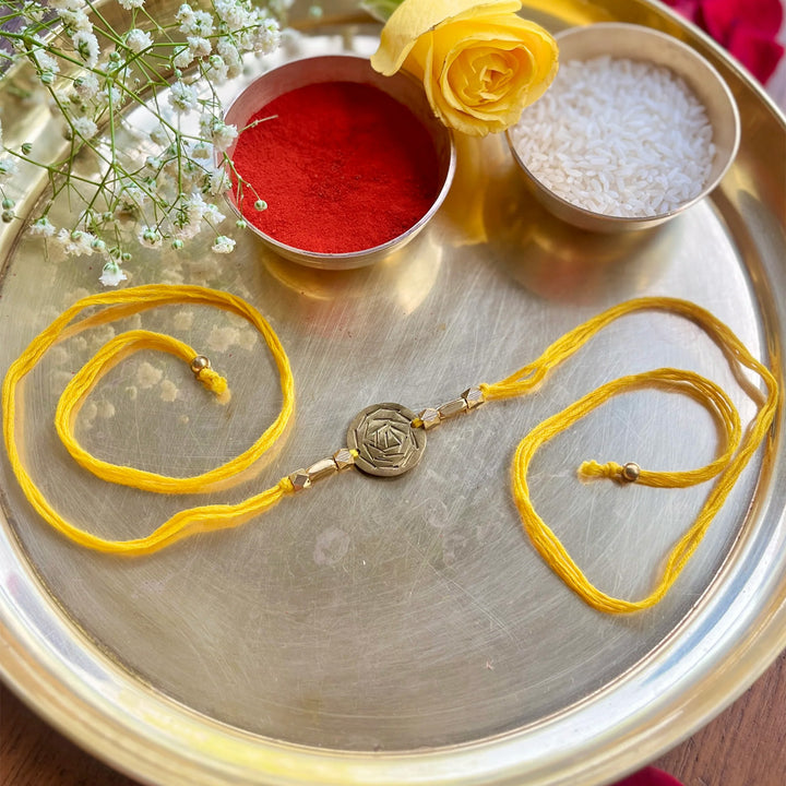Handcrafted Circular Spikes Brass Charm Rakhi With Roli Chawal For Brother