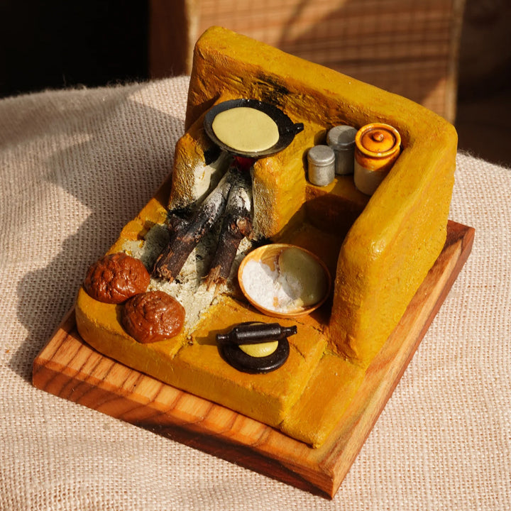 "Chule Ki Roti" Handcrafted Polymer Clay Miniature Artwork With Wooden Base For Golu & Table Decor