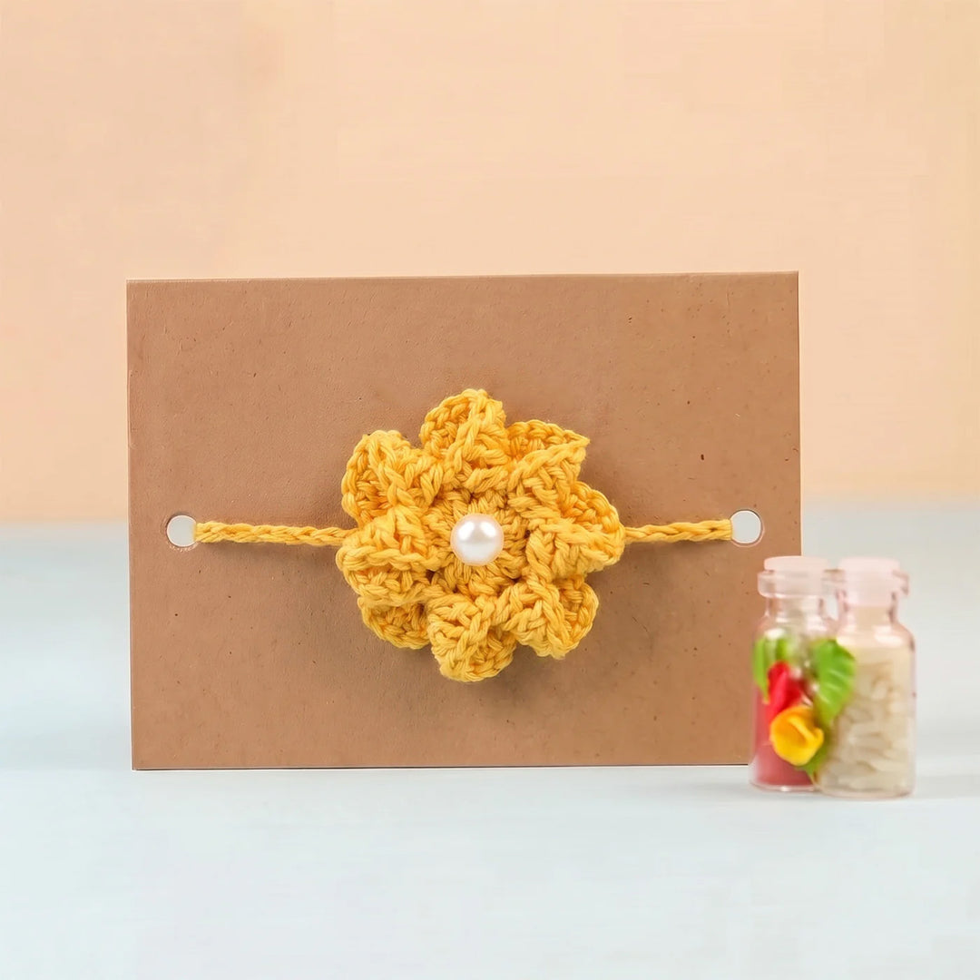 Handmade Crochet Daisy Knot Floral Rakhi With Roli Chawal For Bhaiya