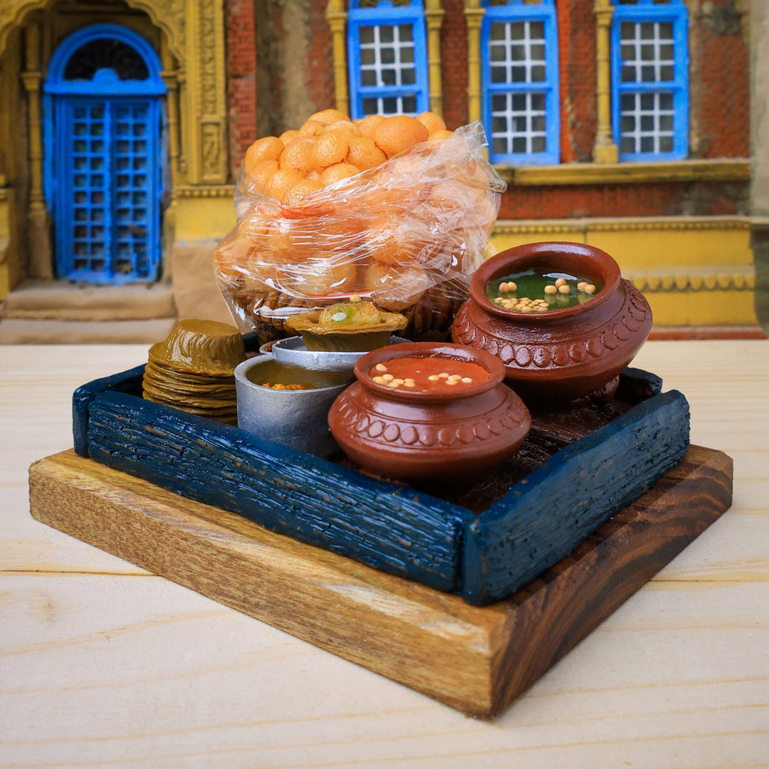 "Panipuri Ka Thela" Handcrafted Polymer Clay Miniature Artwork With Wooden Base For Golu & Table Decor