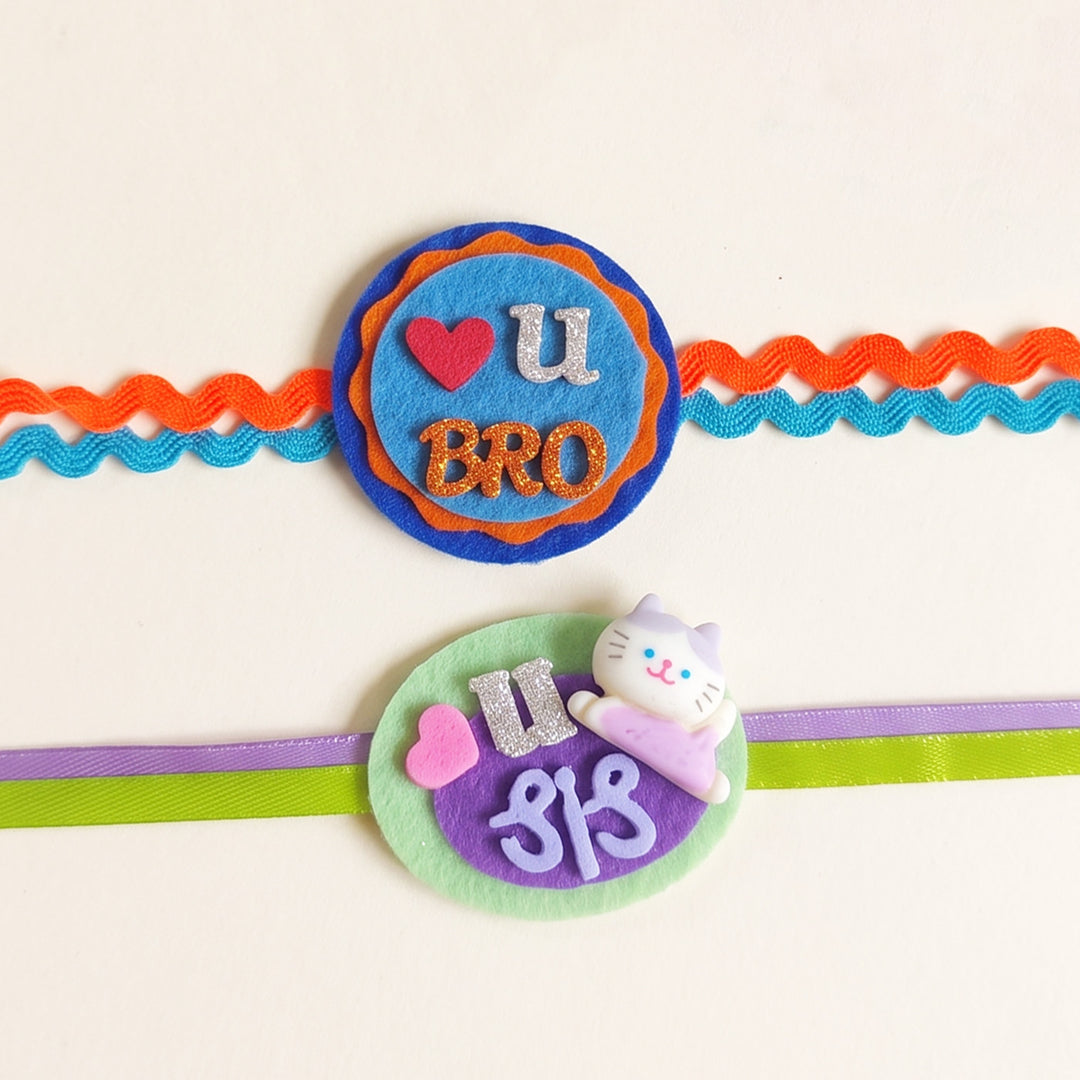 Handmade "Love U Bro" Heart & "Love U Sis" Cat Felt Kids Rakhi Combo With Roli Chawal For Brother & Sister | Set Of 2