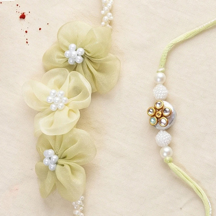 Handmade Hariyali Saaj Green Floral Couple Rakhi Lumba Set With Roli Chawal For Bhaiya Bhabhi