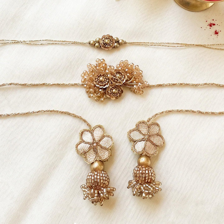 Handmade Golden Latkan Design Couple Rakhi Lumba Set With Roli Chawal For Bhaiya Bhabhi