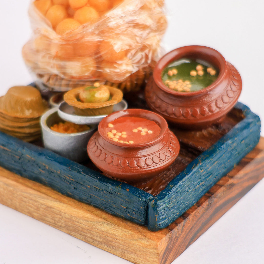 "Panipuri Ka Thela" Handcrafted Polymer Clay Miniature Artwork With Wooden Base For Golu & Table Decor
