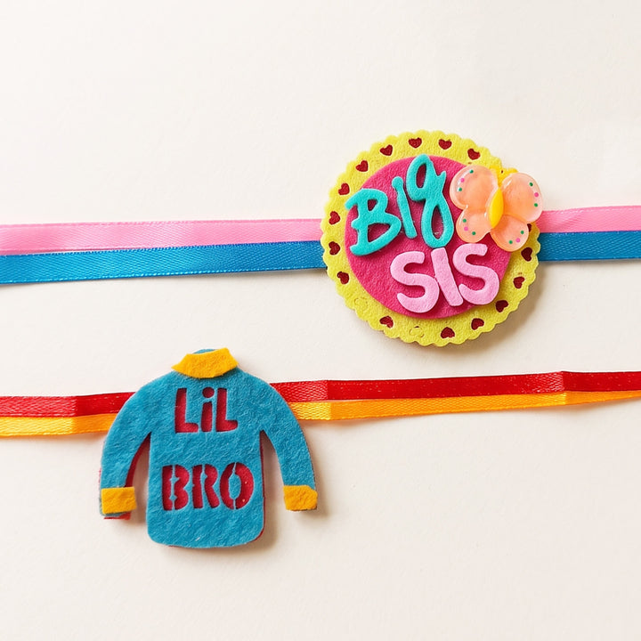 Handmade "Big Sis" Butterfly & "Lil Bro" Felt Kids Rakhi Combo With Roli Chawal For Brother & Sister | Set Of 2