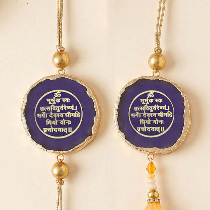 Handmade "Gayatri Mantra" Purple Premium Agate Bhaiya Bhabhi Couple Rakhi & Lumba Set With Roli Chawal, Nariyal And Gift Box | Set of 2