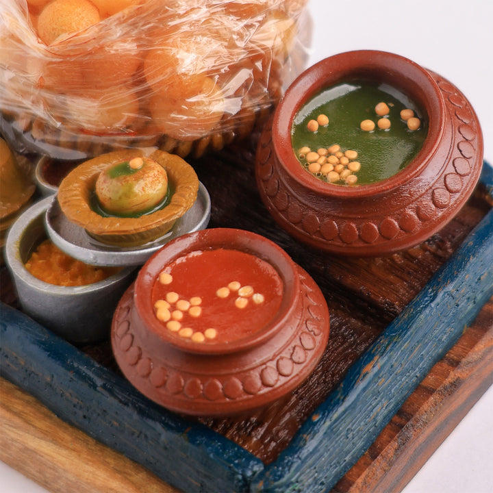 "Panipuri Ka Thela" Handcrafted Polymer Clay Miniature Artwork With Wooden Base For Golu & Table Decor