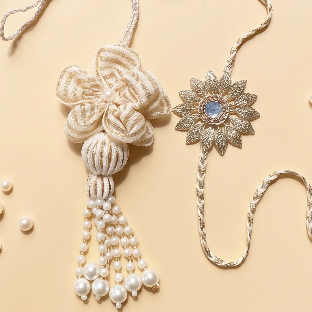 Handmade Beige Royale Couple Rakhi Lumba Set With Roli Chawal For Bhaiya Bhabhi