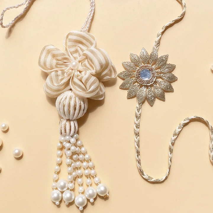 Handmade Beige Royale Couple Rakhi Lumba Set With Roli Chawal For Bhaiya Bhabhi