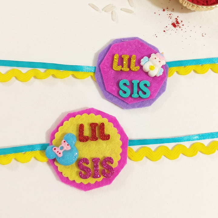 Handmade "Lil Sis" Unicorn & Mickey Felt Kids Rakhi Combo With Roli Chawal For Sisters | Set Of 2
