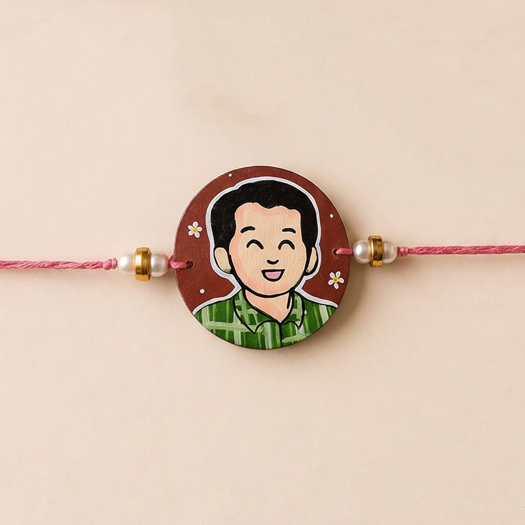 Photo Personalized Handpainted Reusable Caricature Mdf Wood Rakhi With Roli Chawal For Big Brother