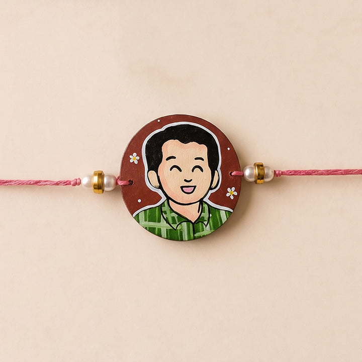 Photo Personalized Handpainted Reusable Caricature Mdf Wood Rakhi With Roli Chawal For Big Brother