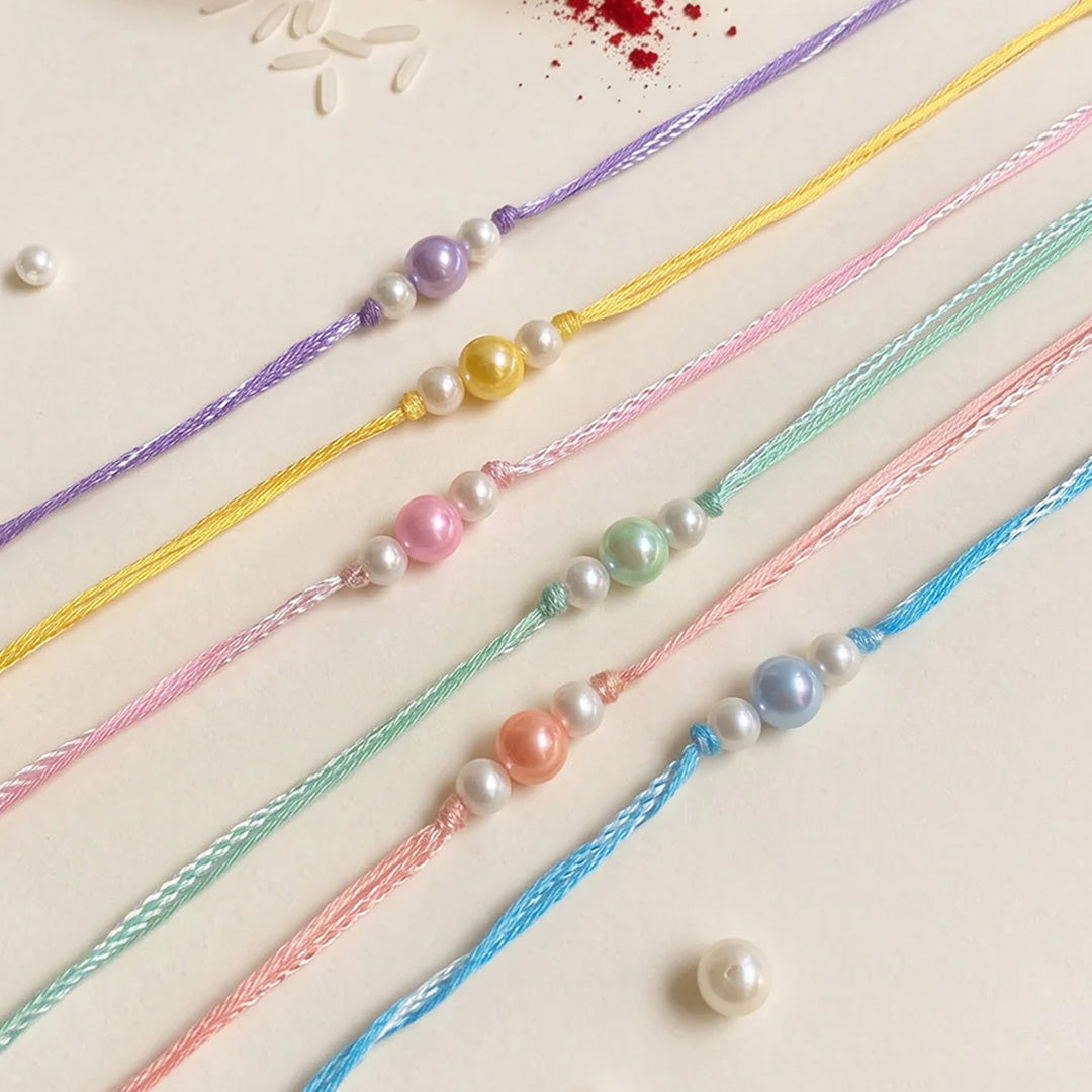 Handmade Rainbow Pearl Rakhi With Roli Chawal | Set of 6