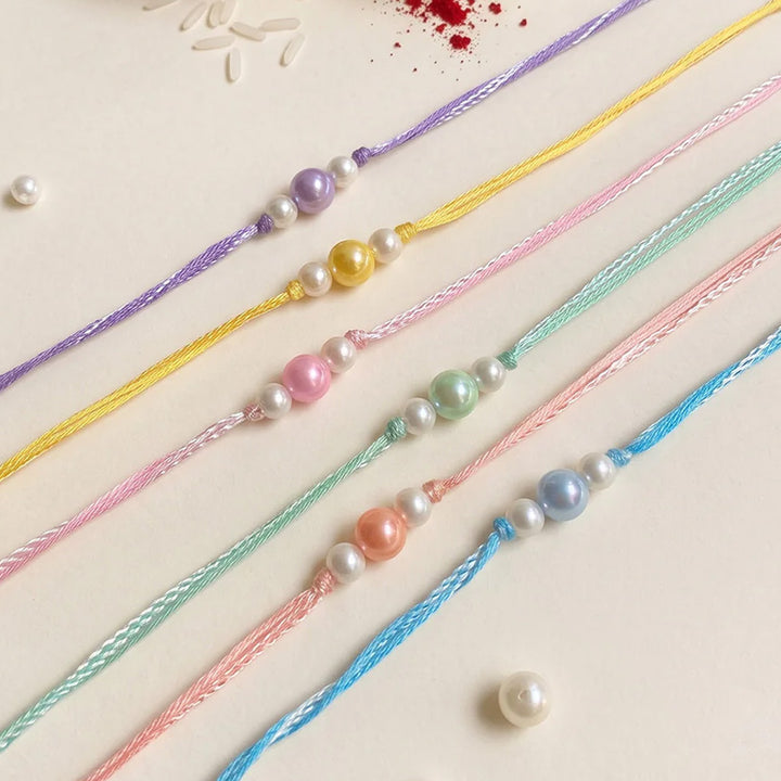 Handmade Rainbow Pearl Rakhi With Roli Chawal | Set of 6