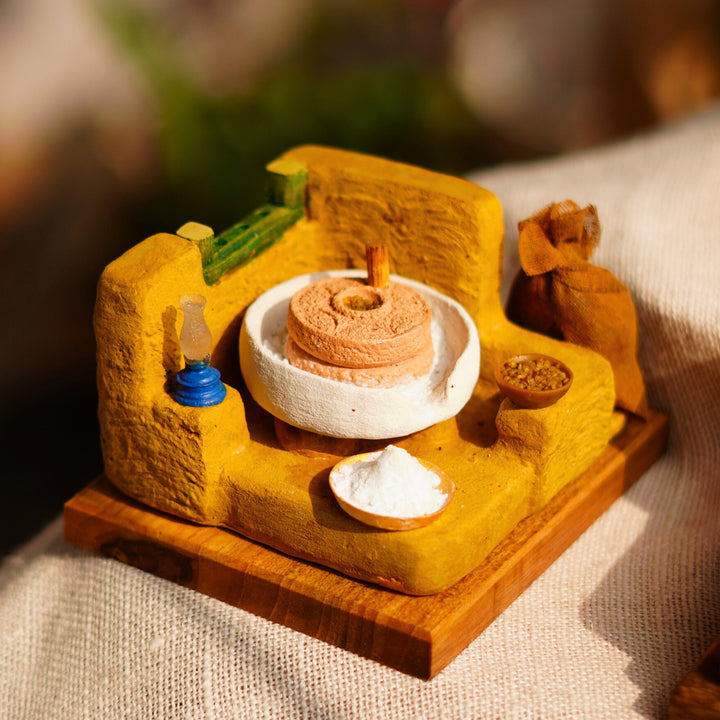 "Aate Ki Chakki" Handcrafted Polymer Clay Miniature Artwork With Wooden Base For Golu & Table Decor