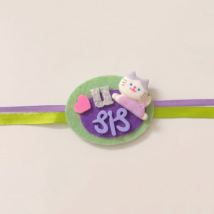 Handmade "Love U Sis" Cat Theme Felt Kids Rakhi With Roli Chawal For Sister