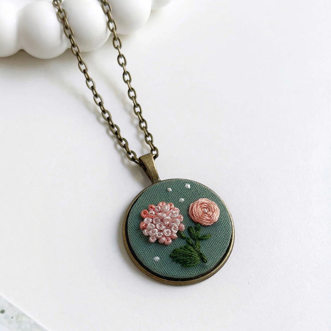 Hand Embroidered Coral Sage Antique Finish Necklace