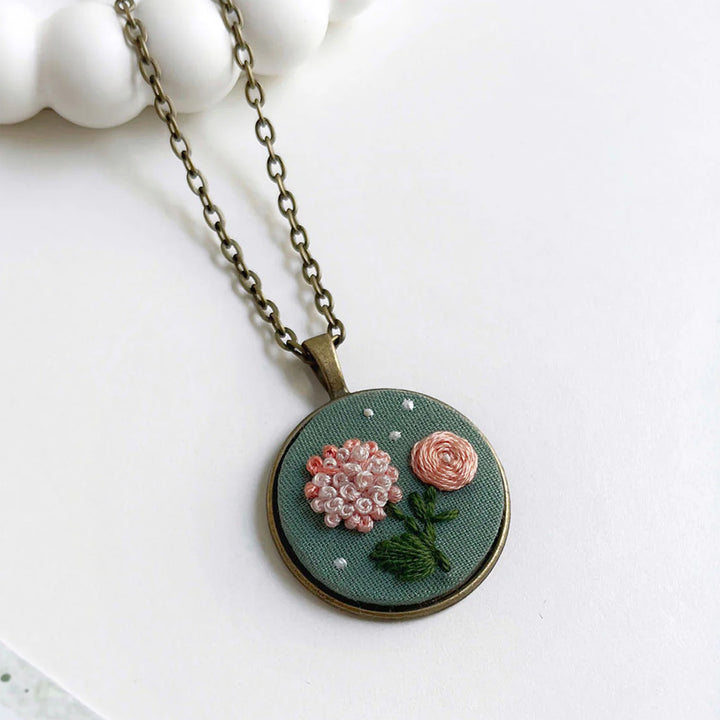 Hand Embroidered Coral Sage Antique Finish Necklace