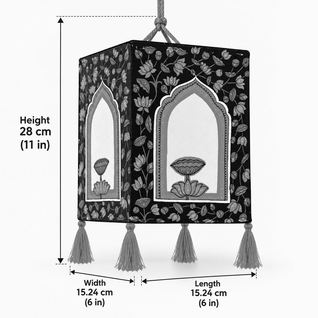 Hand Painted Lotus Tholu Bommalata Parchment Leather Hanging Lamp/Kandil - Black