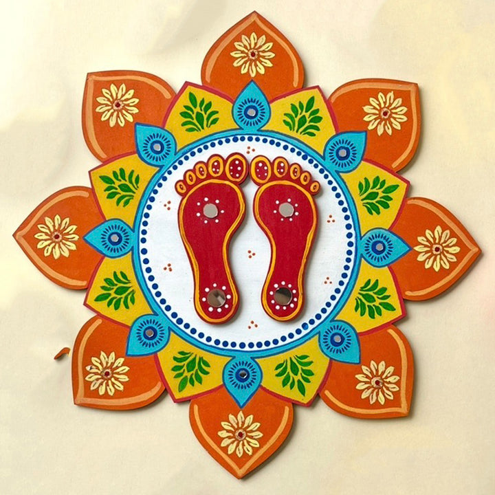 Hand-Painted Mirror Work Lotus Feet Mdf Rangoli For Festive Decor