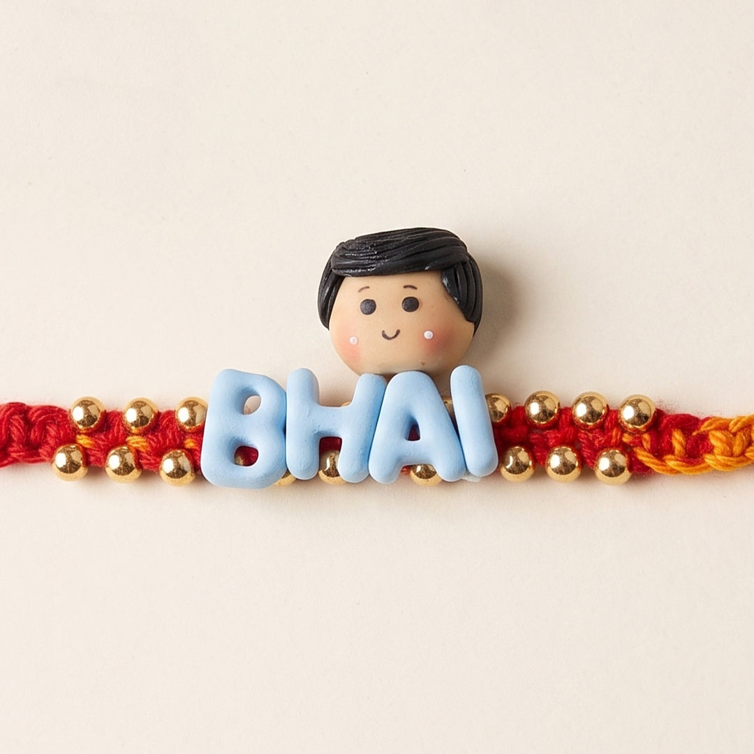 Handmade Bhai Charm Polymer Clay Rakhi With Roli Chawal For Brother