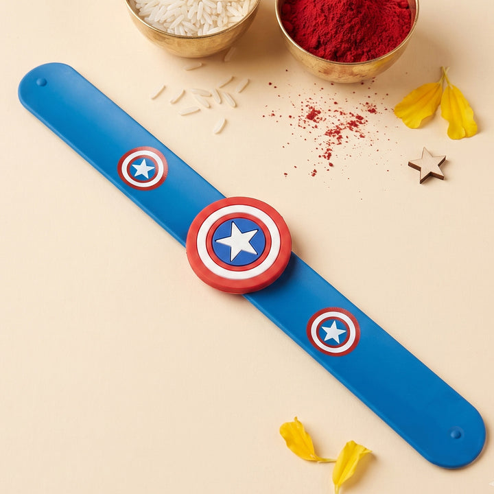 Handmade Captain America Silicone Slap Band Rakhi For Kids With Roli Chawal For Brother