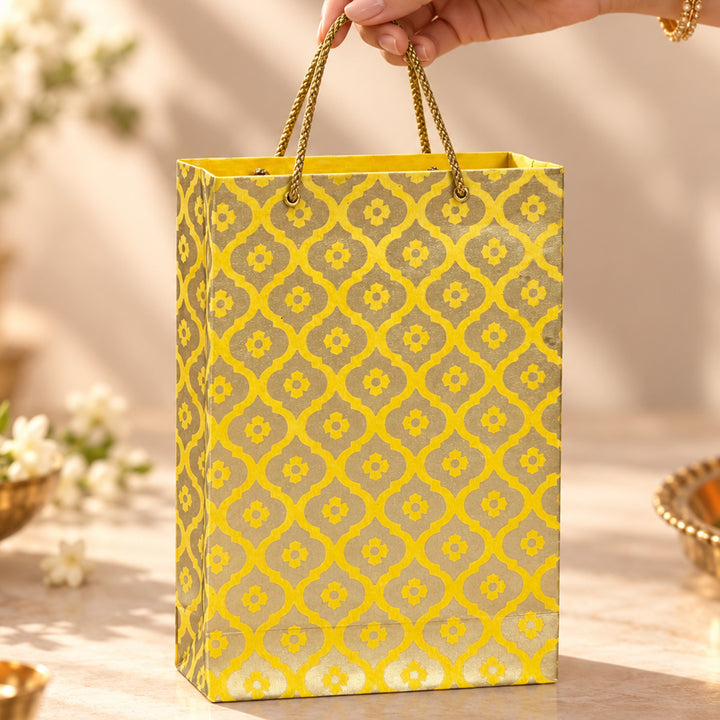 Mughal Boota Handmade Golden Screen Printed Small Paper Bag For Festive Gifting