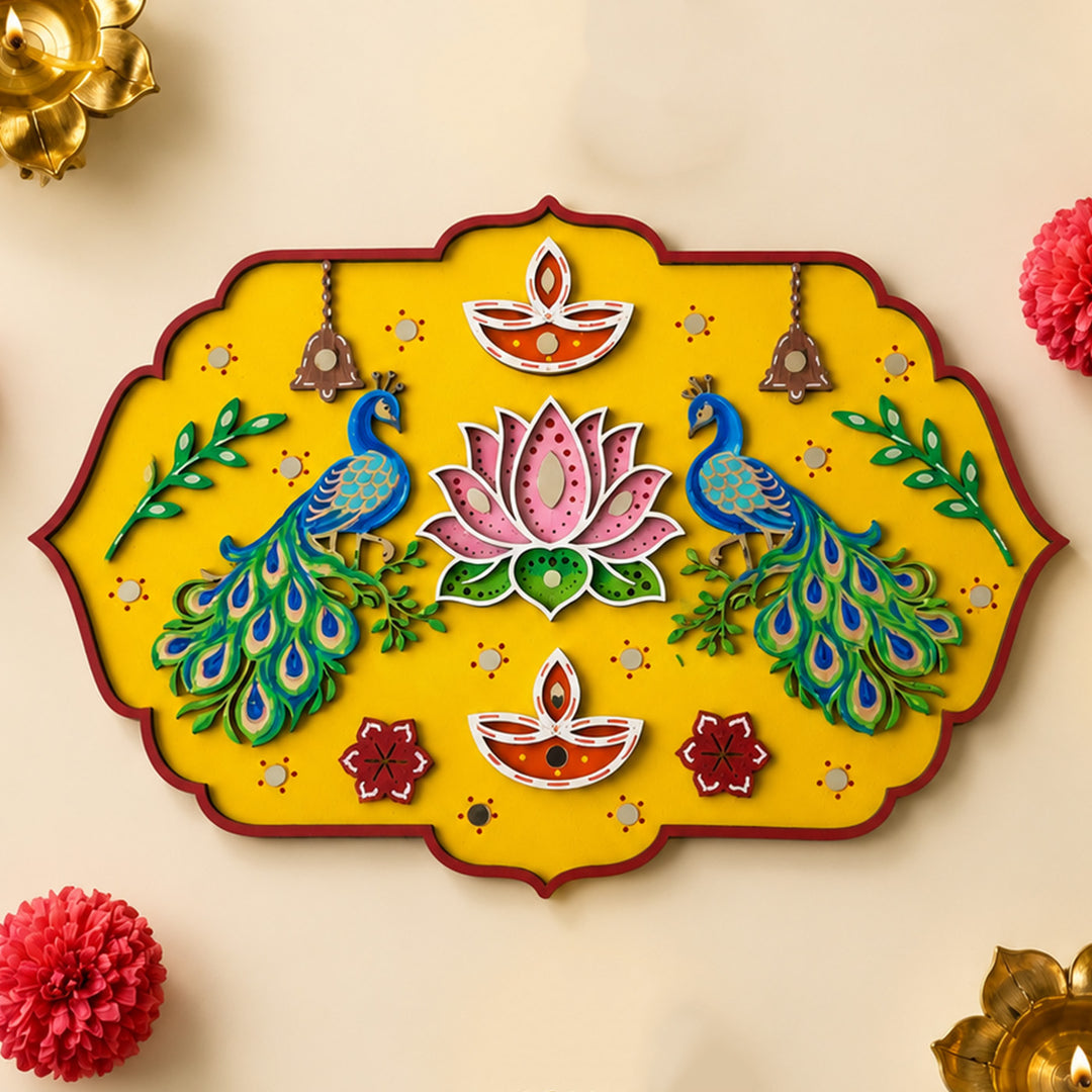Hand-Painted Peacock & Lotus Jharokha Mdf Rangoli With Mirror Work For Festive Decor