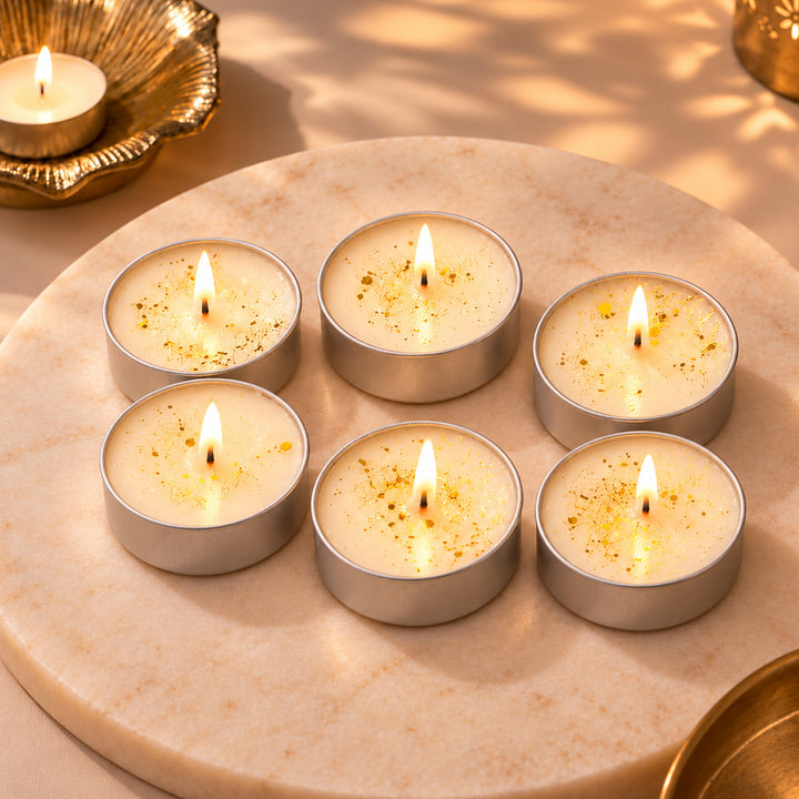 Set Of 6 | Handcrafted Festive Shimmer Gold Glitter Peony Blossom Scented Soy Wax Tealight Candles