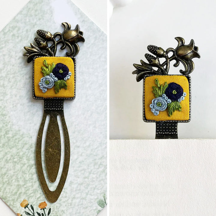 Hand Embroidered Indigo Fleur Bronze Bookmark