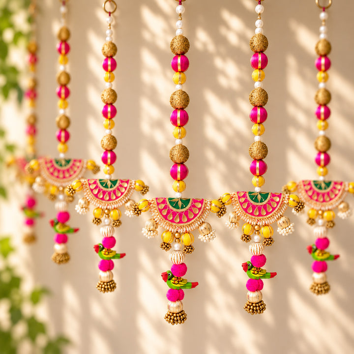 Handmade Peacock Gota Patti Hanging With Zari Balls For Festive Decor