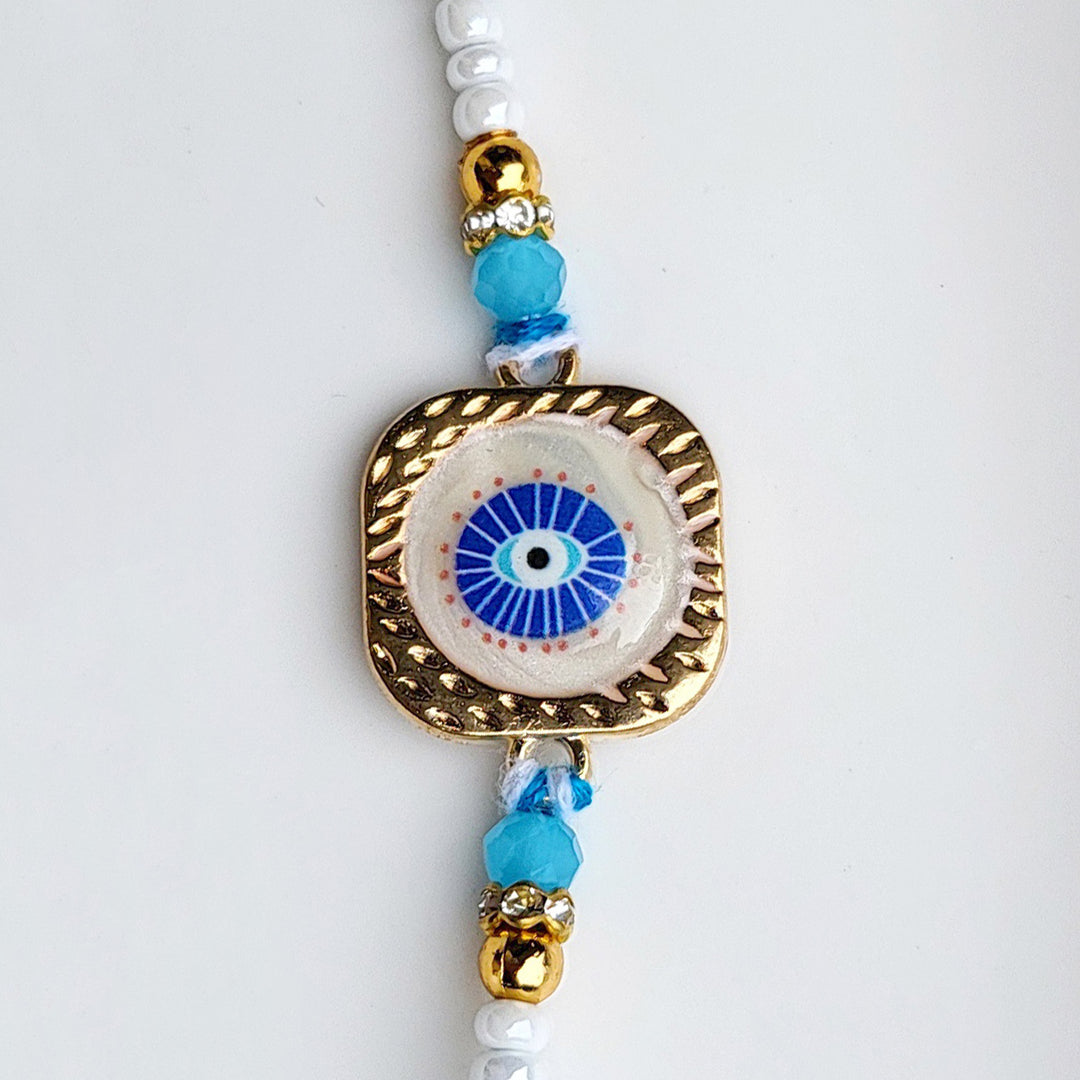 Handcrafted Nazar Na Lage Evil Eye Charm Rakhi With Roli Chawal For Brother