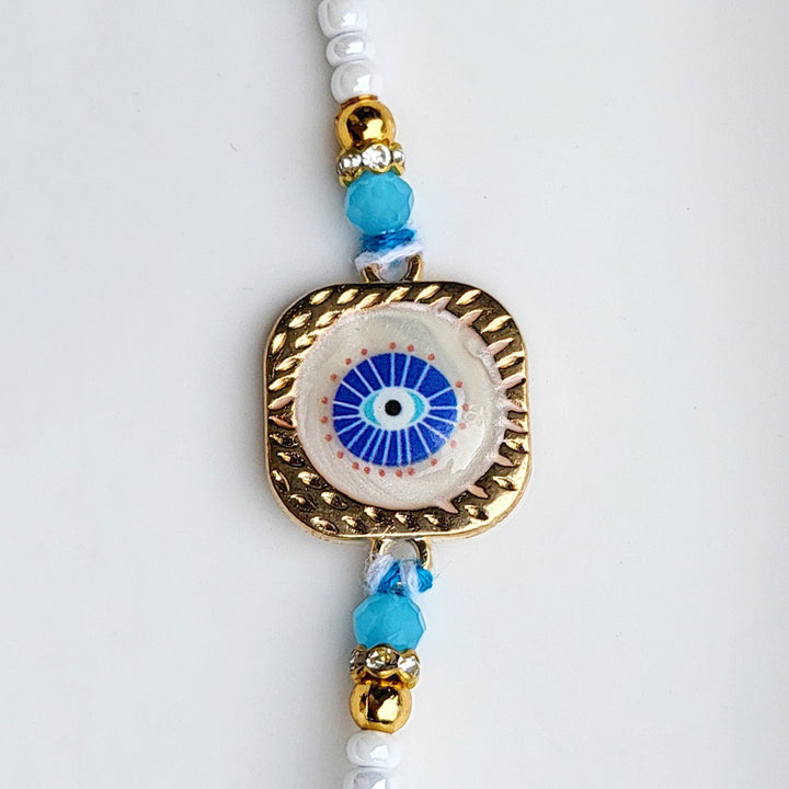 Handcrafted Nazar Na Lage Evil Eye Charm Rakhi With Roli Chawal For Brother