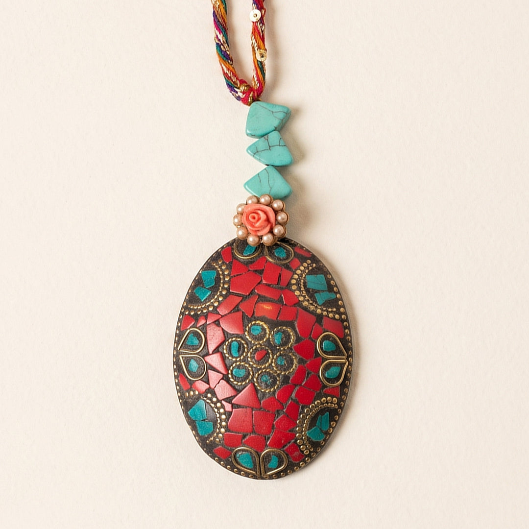 Red-Turquoise Mosaic Lumba Rakhi With Roli Chawal For Sister/Bhabhi