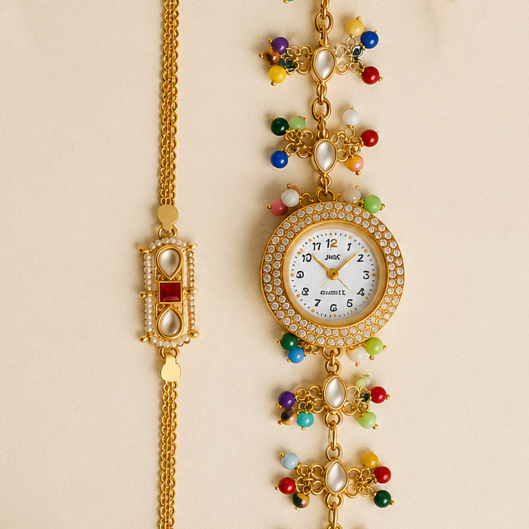 Handmade Kundan & Pearl Rajsi Bandhan Royal Rakhi & Bhabhi Watch Combo For Bhaiya Bhabhi | Set of 2