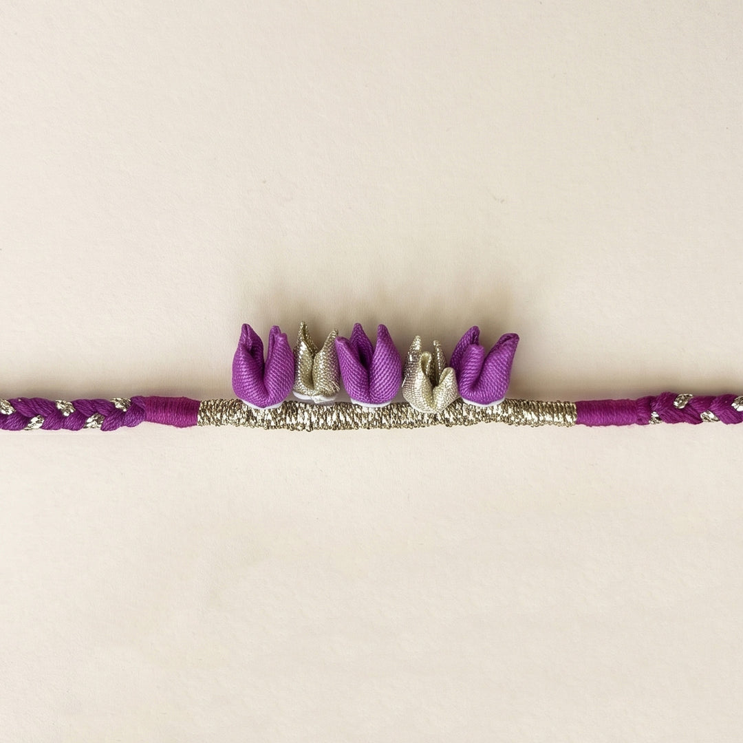 Handcrafted Tulip Bud & Silver Zari Silk Fabric Rakhi For Brother With Roli Chawal