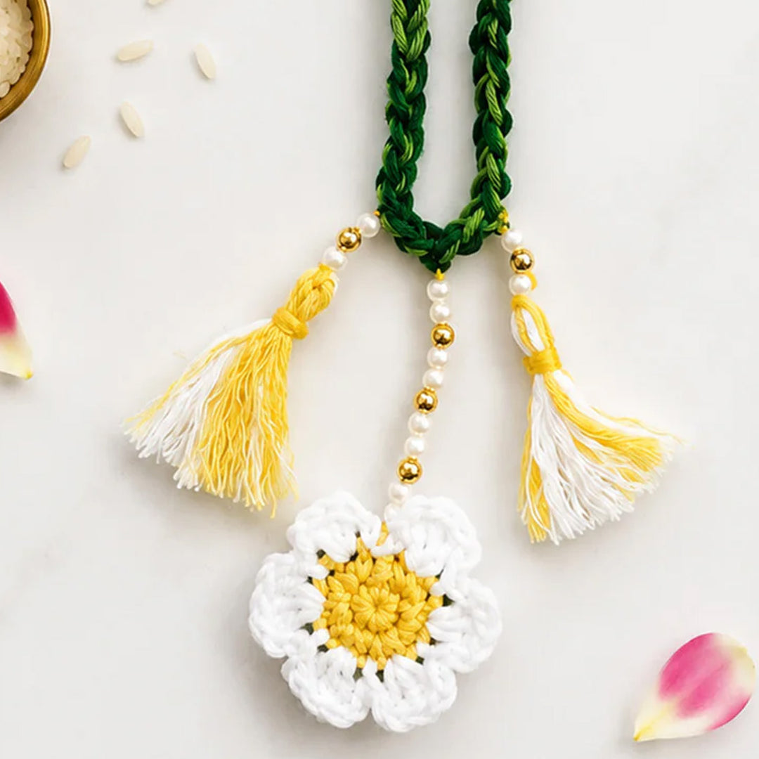 Handmade Crochet Daisy Lumba Rakhi For Bhabhi With Roli Chawal