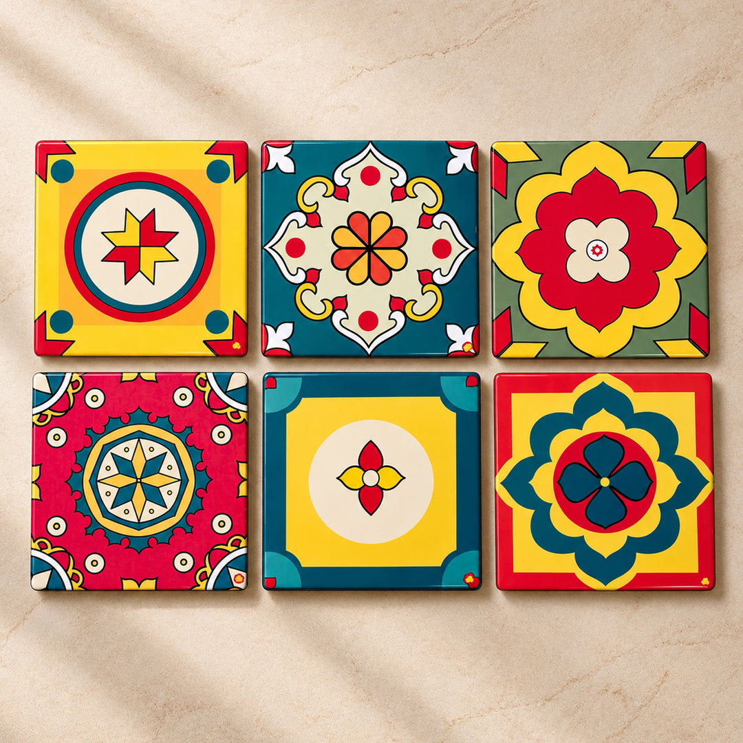 Set Of 6 | Hand-Painted Aathangudi Tiles Square Coaster Set For Festive Gifting