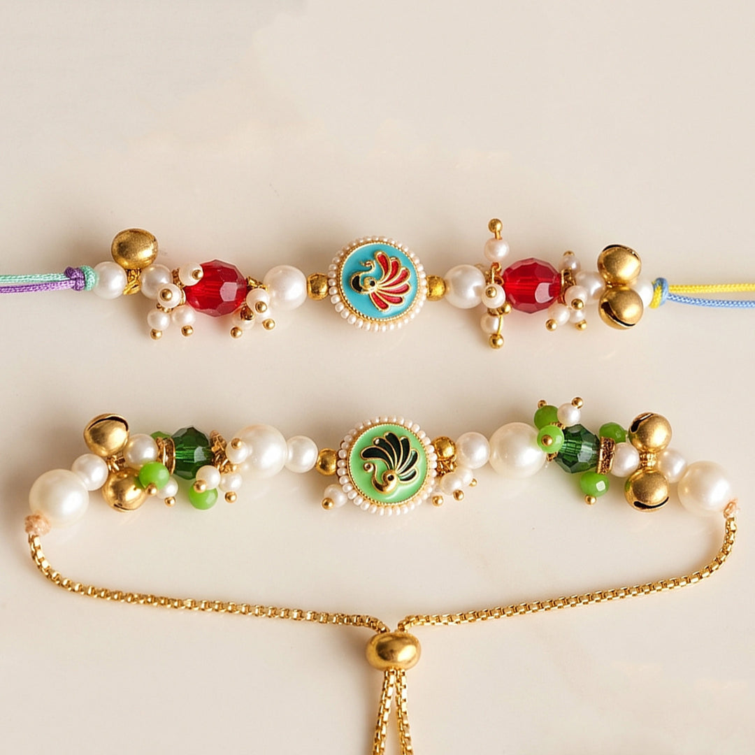 Hand-Knotted Peacock Beaded Rakhi & Lumba Set For Bhaiya Bhabhi | Set of 2
