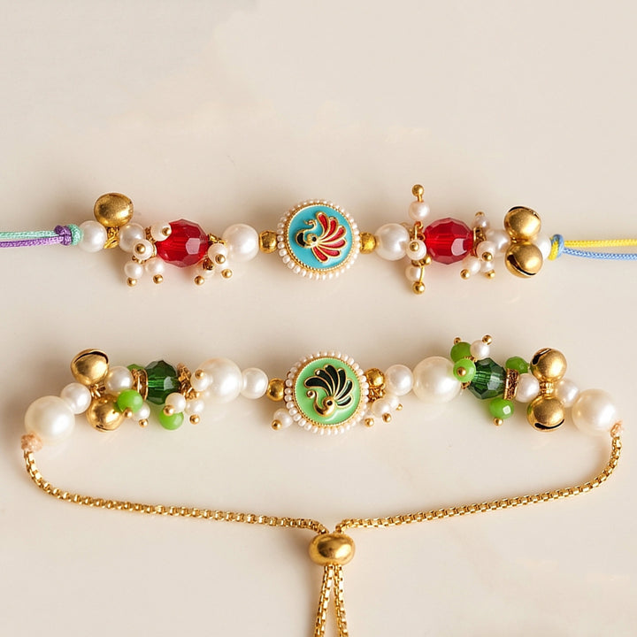 Hand-Knotted Peacock Beaded Rakhi & Lumba Set For Bhaiya Bhabhi | Set of 2