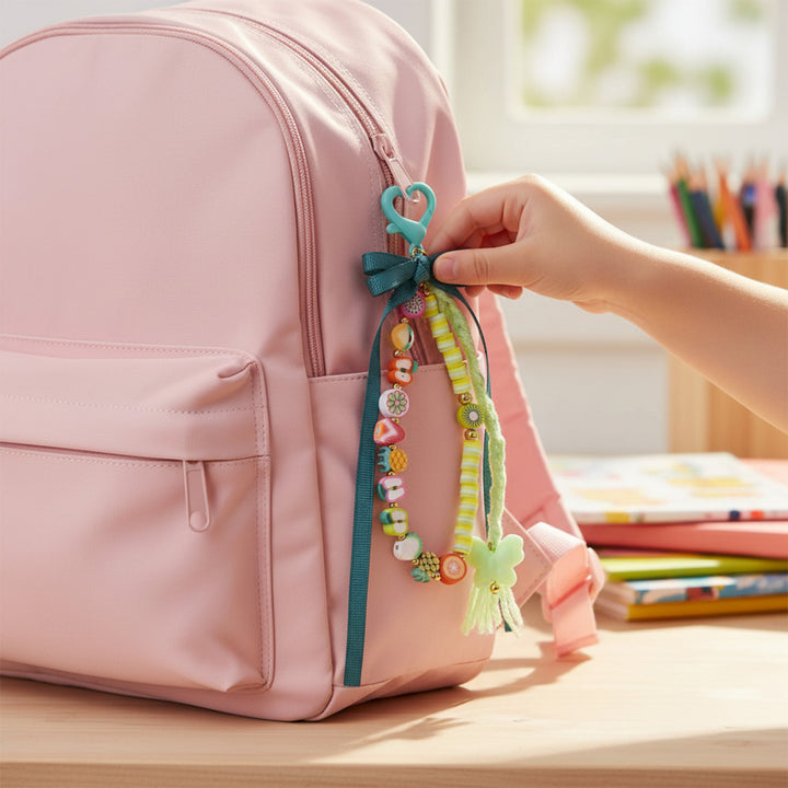 Green Fimo Beads & Ribbon Bow Bag Charm For Kids