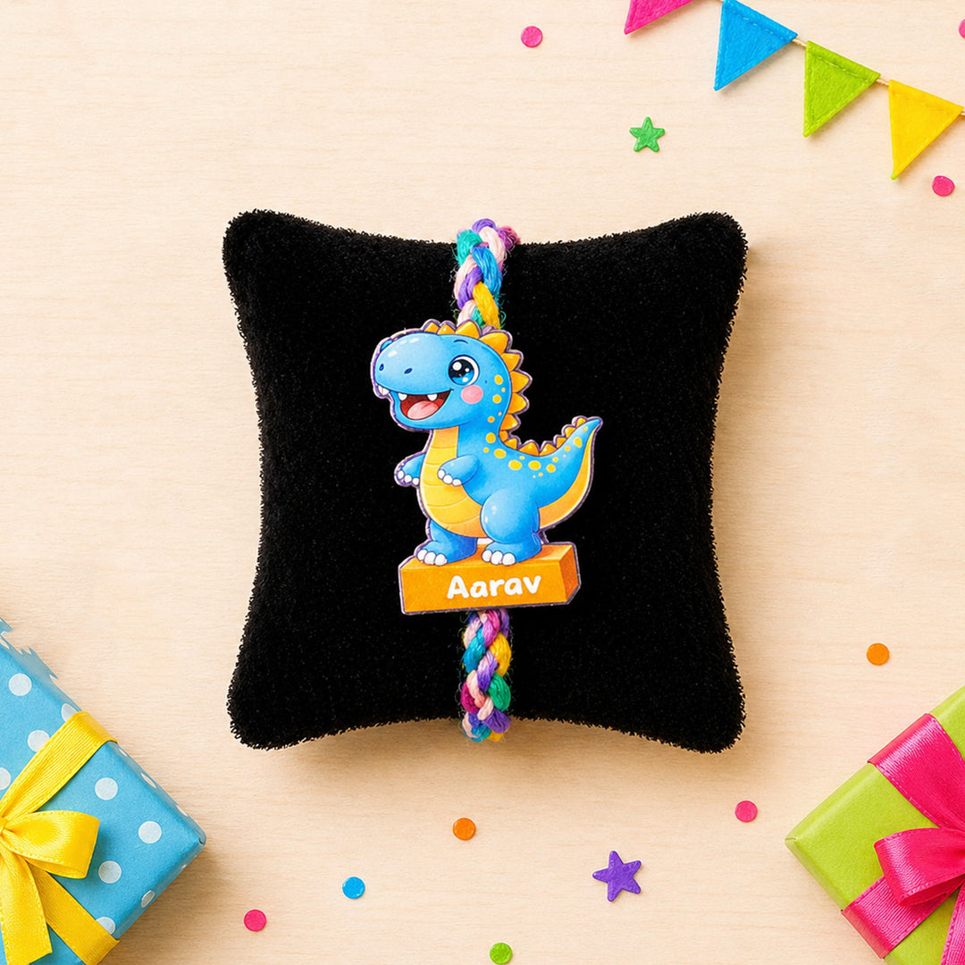Personalized Reusable Blue Dino MDF Wood Rakhi With Roli Chawal