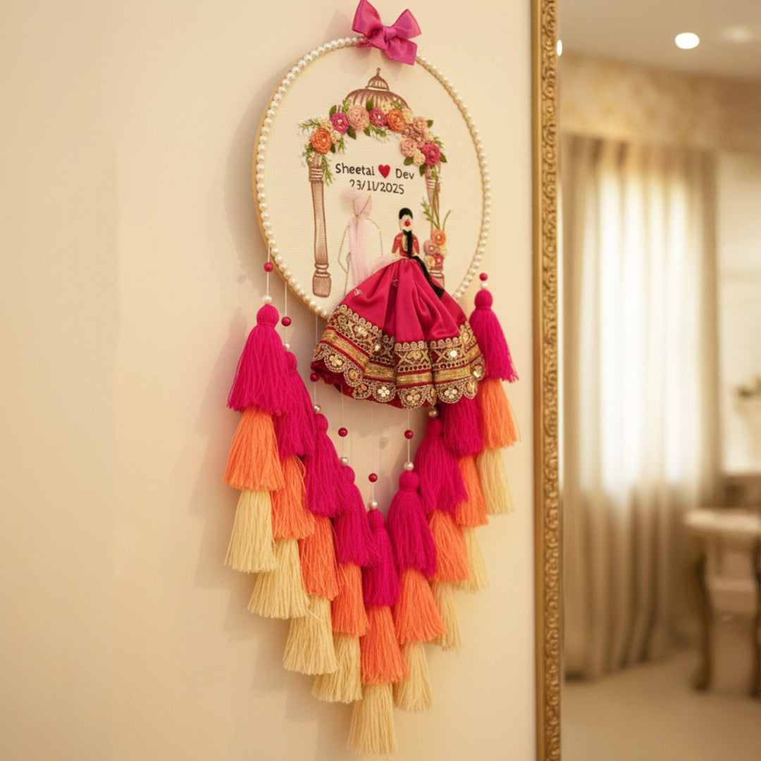Personalized Embroidered Pink Wedding Plaque With Tassels
