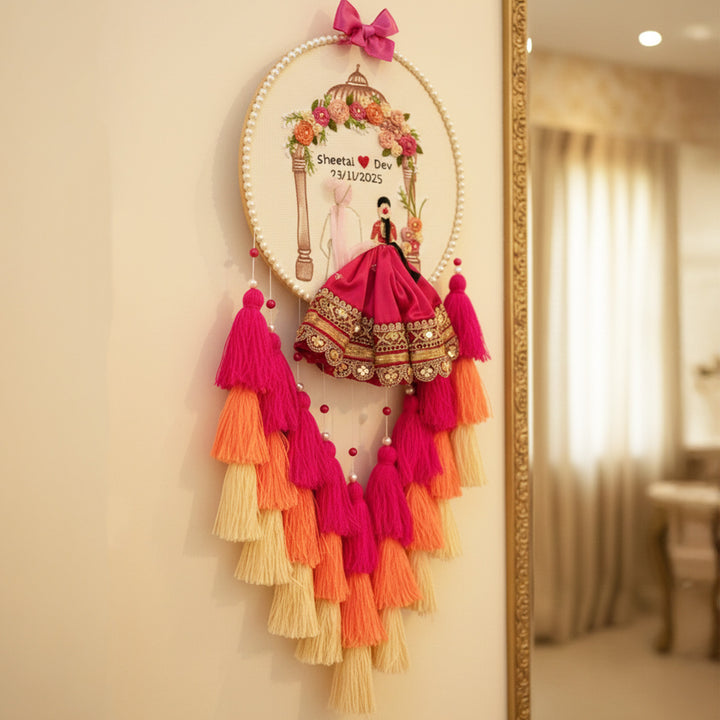 Personalized Embroidered Pink Wedding Plaque With Tassels